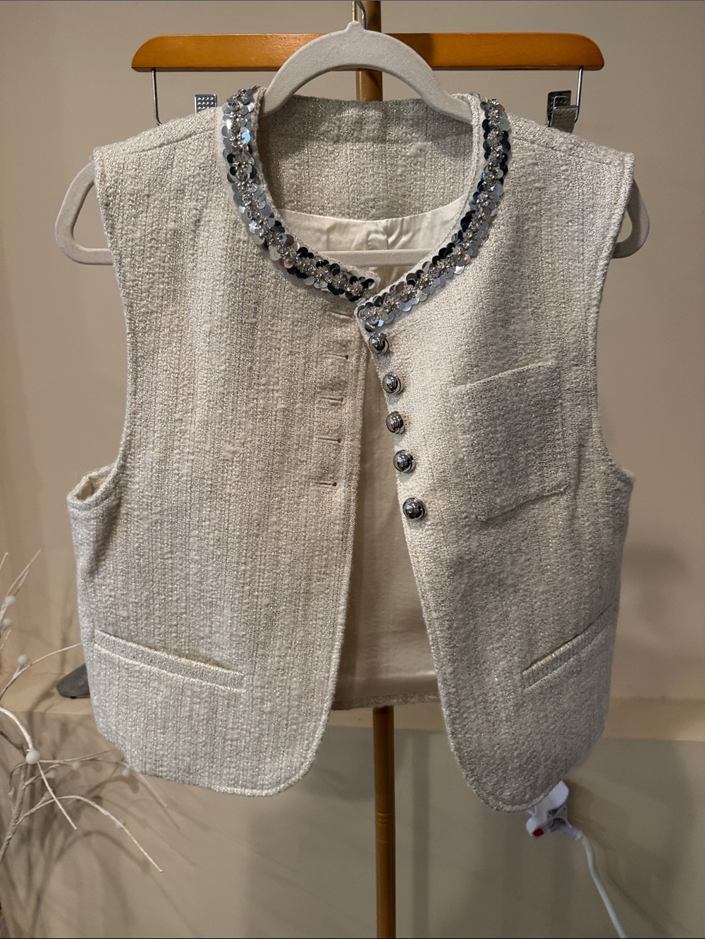 Cream Tweed Sequin-Trim Vest